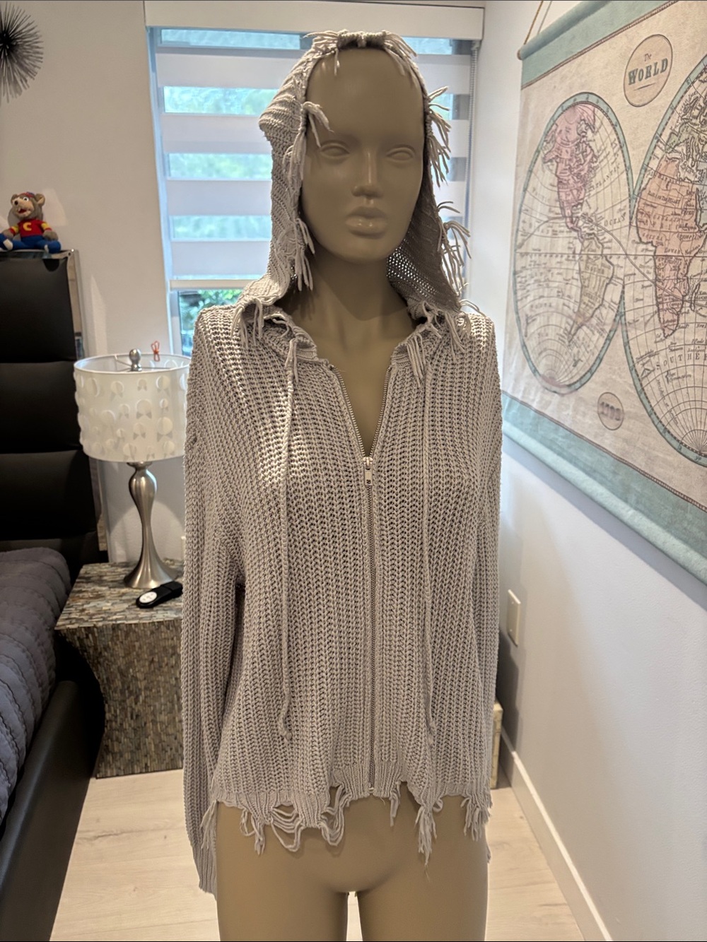 Elan Light Beige Distressed Hooded Zip Sweater